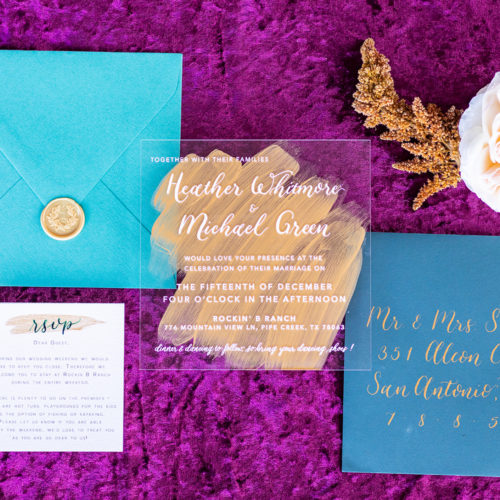 Acrylic Invitation with Jewel Tone Accents, Gold, Calligraphy and Wax Seal in San Antonio by CalliRosa