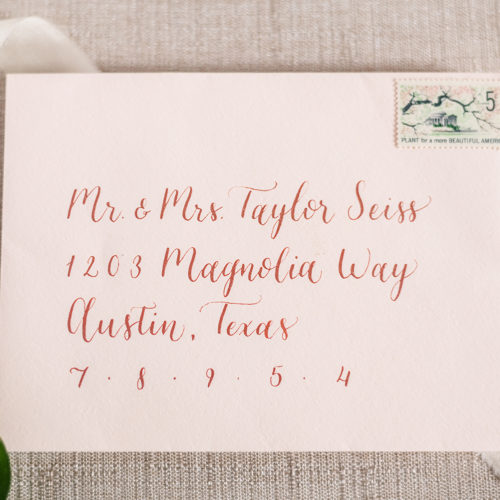 Blush Envelope with Rose Gold Calligraphy in San Antonio by CalliRosa
