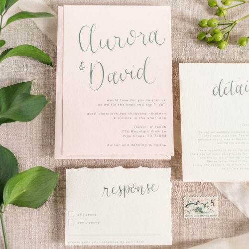 Blush Fine Art Invitation with Green Calligraphy and Handtorn Edges in San Antonio by CalliRosa