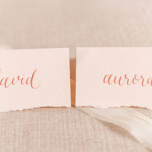 Blush deckled Edge Place Cards with Rose Gold Calligraphy in San Antonio By CalliRosa