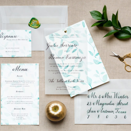 Botanic Organic Green Italian Inspired Invitation Suite, With Vellum Overlay and Green Calligraphy in San Antonio by CalliRosa