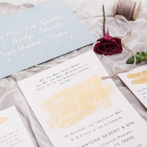 Fine Art Invitation Suite with Blush and Grey Tones, Gold Accent Brush Strokes and Calligraphy at La Cantera Resort & Spa by CalliRosa