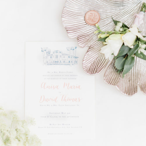 Fine Art Invitation with Blush Accents and Venue Illustration at McNay in San Antonio by CalliRosa