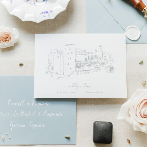 Fine Art Save The Date with Custom Venue Illustration and Calligraphy for a Spain Destination Wedding by CalliRosa