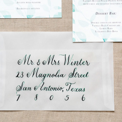 Forest Green Calligraphy on Vellum Envelope in San Antonio by CalliRosa