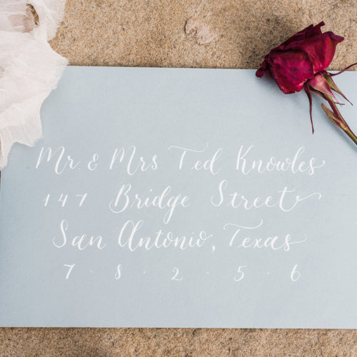 Grey Envelope with White Calligraphy at La Cantera Resort & Spa by CalliRosa