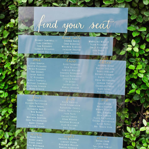 Grey White and Gold Acrylic Seating Chart with Calligraphy in San Antonio by CalliRosa