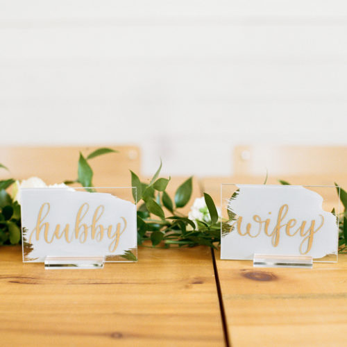 Grey White and Gold Hubby and Wifey Acrylic Table Signs with Calligraphy at Prospect House Austin by CalliRosa