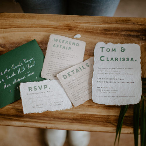 Jungle Inspired Green and White Invitation suite with Calligraphy on Handmade Paper for San Antonio Zoo Wedding by CallIRosa