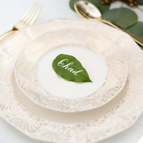 Leaf Botanical Place Card with White Calligraphy in San Antonio by CalliRosa