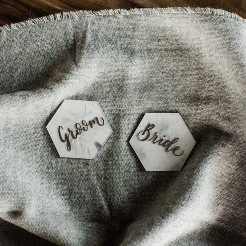 Marbled Grey and White Acrylic Place Cards with Silver Calligraphy in San Antonio by CalliRosa