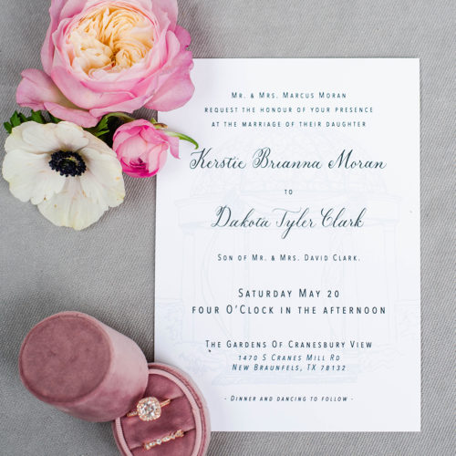 Meet Joe Black Inspired Black and White Invitation Suite with Venue Illustration and Custom Calligraphy in San Antonio by CalliRosa