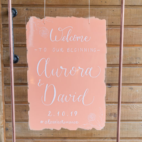 Peach Colored Welcome Sign with Floral Line Drawing on Copper Stand in San Antonio by CalliRosa