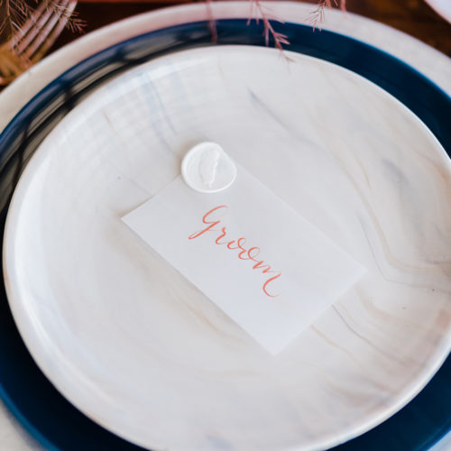 Vellum Placecard with Coral Calligraphy Wax Seal at Sunset Ranch Event Center by CalliRosa
