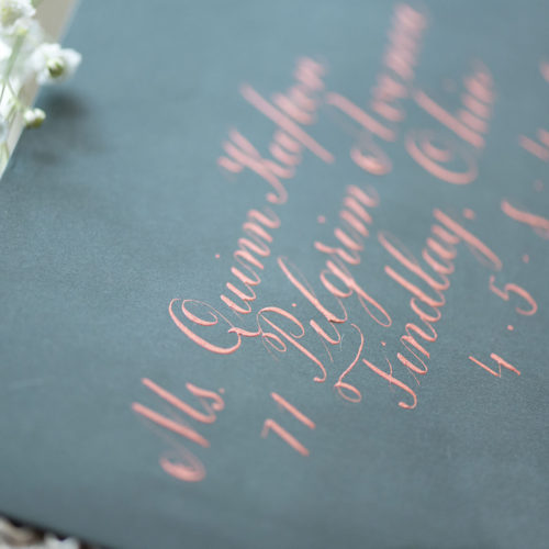 Vintage Green Envelope with Rose Gold Calligraphy in San Antonio by CalliRosa