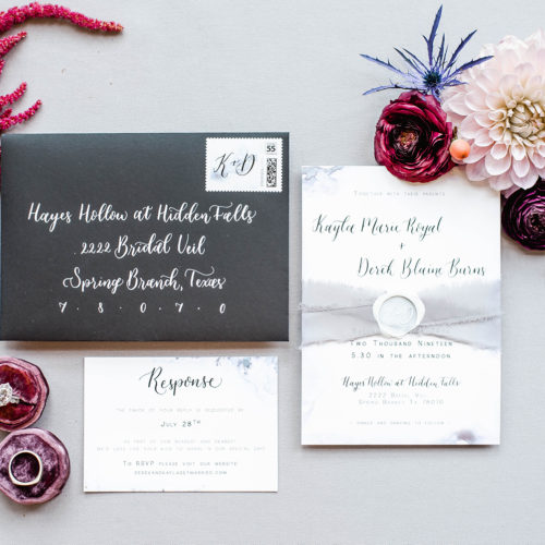 Watercolor Modern Black and White Invitation with Calligraphy For Hidden Falls Wedding in Spring Branch by CalliRosa