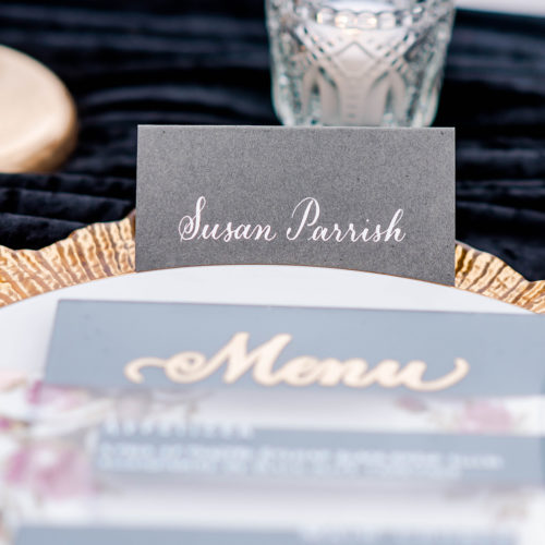 White Calligraphy on Grey Place Card in San Antonio by CalliRosa