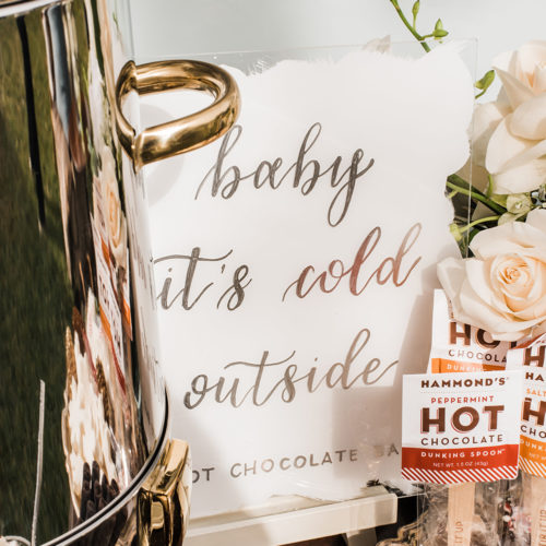 Wintery Baby It's Cold Outside Hot Chocolate Bar Table Sign with Silver Calligraphy In San Antonio by CalliRosa