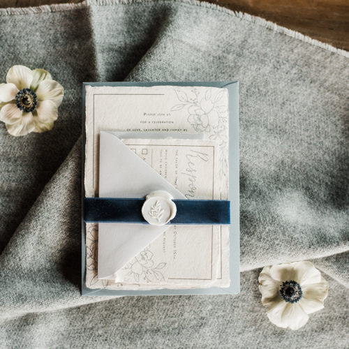 Wintery Grey and Blue Invitation with Botanical Line Drawings on Handmade Paper, with Velvet and Wax Seal Accents in San Antonio by CalliRosa