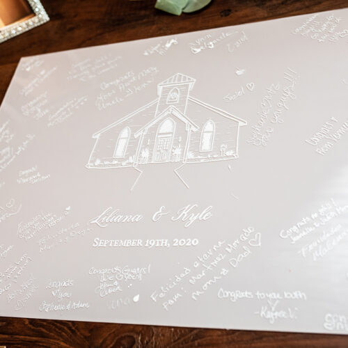 Acrylic Grey Guest Book Sign with Chandelier of Gruene Venue Illustration in New Braunfels Texas by CalliRosa