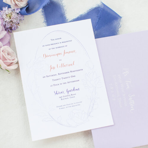 Cool Blue and Lavender Modern Fine Art Invitation Suite with Calligraphy at Shiraz Gardens in Austin Texas by CalliRosa