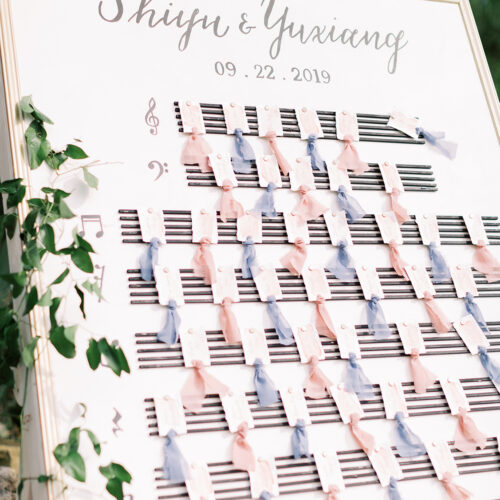 Custom Escort Card Wall with Watercolor and Calligraphy Handtorn Escort Cards at Music Themed Wedding at Remi's Ridge in Spring Branch by CalliRosa
