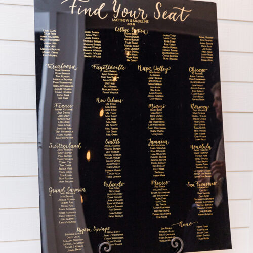 Formal Black and Gold Seating Chart with Calligraphy At Kendall Plantation by CalliRosa