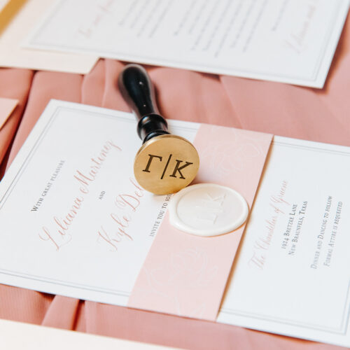 Formal Minimalistic Dusty Rose Invitation Suite With White Wax Seal at Chandelier of Gruene in New Braunfels Texas by CalliRosa