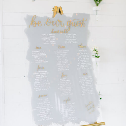 Grey White and Gold Acrylic Seating Chart with Calligraphy at Prospect House Austin by CalliRosa