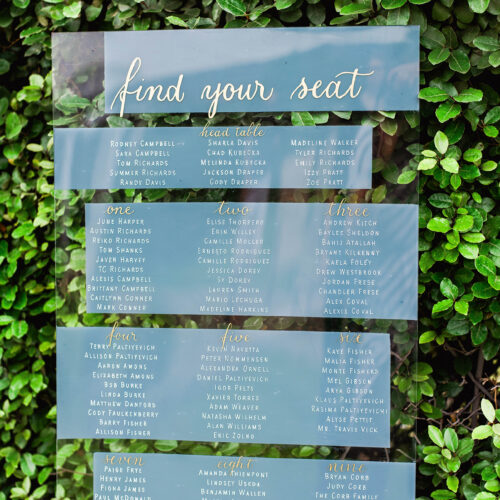 Grey White and Gold Acrylic Seating Chart with Calligraphy in San Antonio by CalliRosa