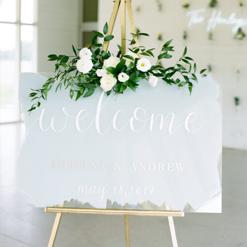 Grey White and Gold Acrylic Welcome Sign with Calligraphy at Prospect House Austin by CalliRosa