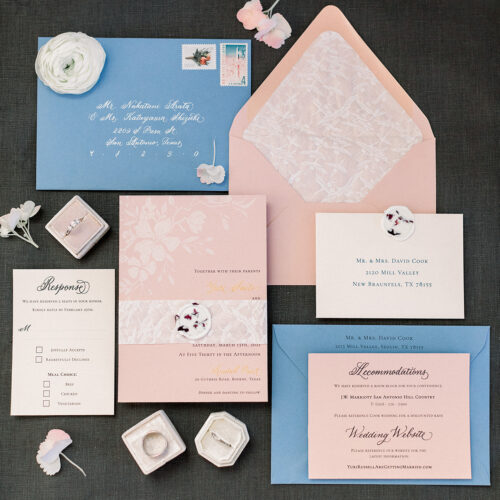 Japan Inspired Invitation Suite in Japanese Blush and Dusty Blue with Crane Paper at Kendall Point in Boerne Texas by CalliRosa