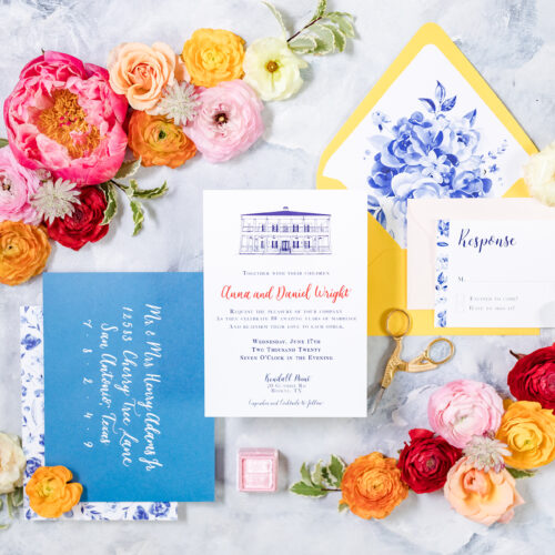 Vintage Blue Flowers with Bright Colors Vow Renewal Invitation Suite with Calligraphy at Kendall Point in Boerne Texas by CalliRosa