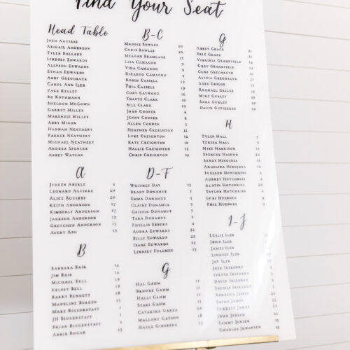 White Acrylic Seating Chart with Black Calligraphy at Mae's Ridge in Austin Texas by CalliRosa