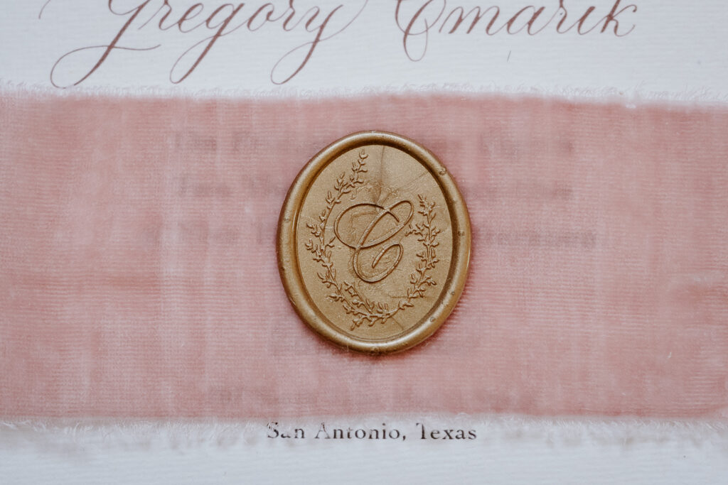 Vintage Invitations by CalliRosa in San Antonio Texas with Dusty Rose Velvet Ribbon and Wax Seal photo by Philip Thomas Photography