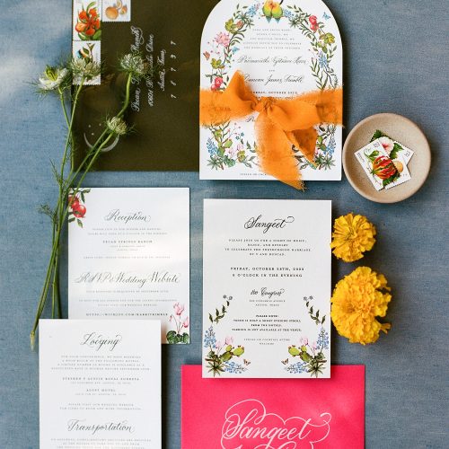 Arch Floral Wedding Invitation With Watercolor Illustrations and Yellow Chiffon Ribbon by CalliRosa Austin Wedding Invitation Designer