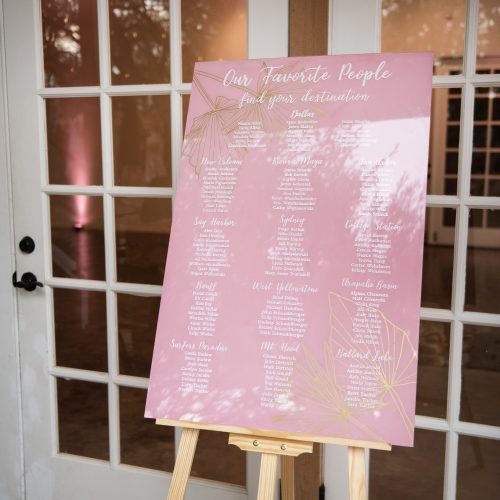 Boho Dusty Rose Acrylic Seating Chart with Gold Botanical Illustrations and White Calligraphy for Austin Wedding by CalliRosa Texas Calligraphy