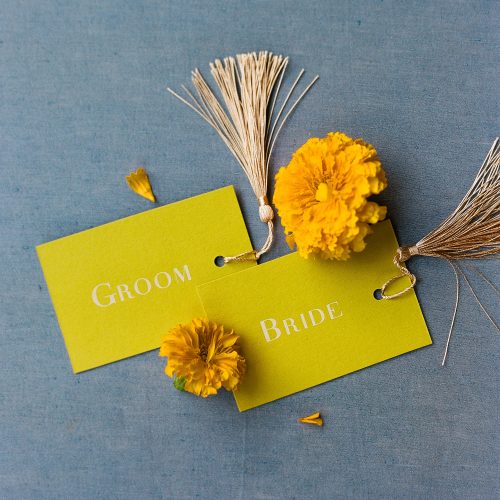 Chartreuse Place Cards with Tassels by CalliRosa Wedding Stationer