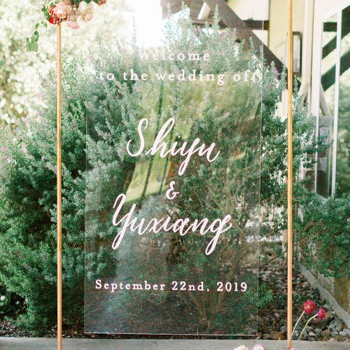 Clear Statement Welcome Sign on Copper Stand for Chinese Wedding in Spring Branch by CalliRosa Texas Calligrapher