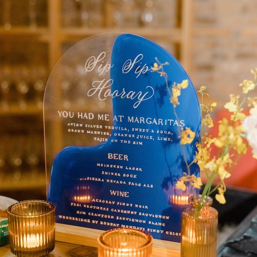 Clear and Blue Arch Bar Sign with White Calligraphy for Bright Colored Indian Wedding at 800 Congress in Austin Texas by Callirosa