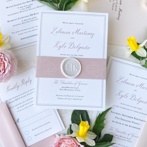Delicate Garden Formal Wedding Invitation with Modern Touches and Wax Seal by CalliRosa San Antonio Stationer