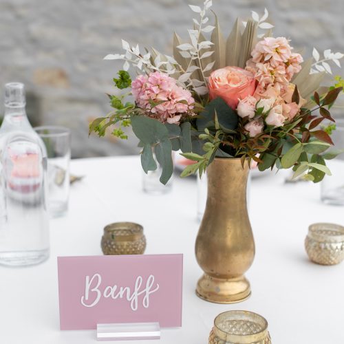 Dusty Rose Acrylic Table Number with City Name in Calligraphy at Austin Wedding by CalliRosa Texas Calligrapher