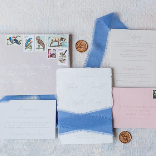 Fine Art Luxury Invitation with Handmade Paper and Chiffon Ribbon for Colorado Wedding by CalliRosa Texas Stationer