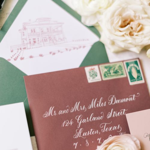 Formal Flourished Calligraphy on Mulberry Envelope with Vintage Postage for Austin Wedding By CalliRosa Texas Calligrapher