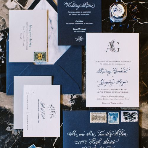 Formal Navy Blue Wedding Invitation Suite with Wax Seal and Handwritten Calligraphy by CalliRosa San Antonio Invitation Designer