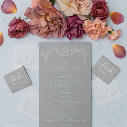 Grey and White Fine Art Wedding Menu with Matching Matchboxes and Table Cards by CalliRosa Austin Stationer