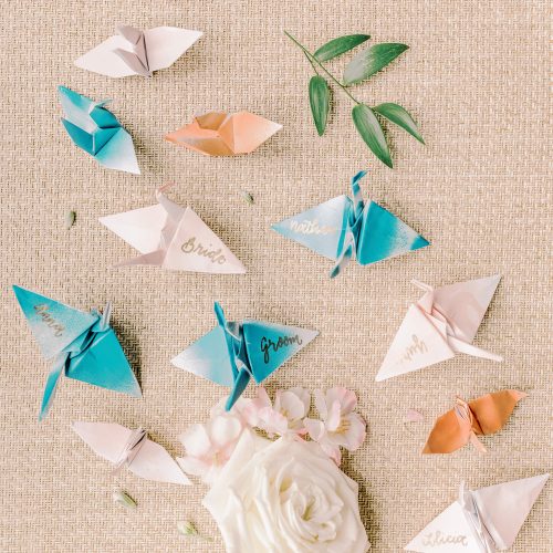 Japanese Folded Crane Bird Escort Place Cards at Kendall Point in Boerne Texas by CalliRosa Texas Calligrapher