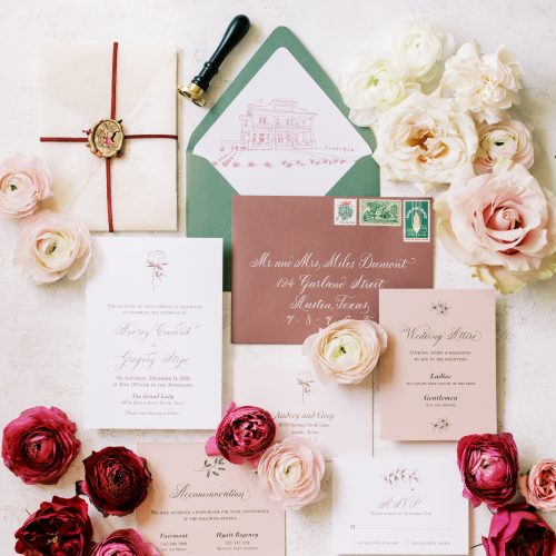 Luxury Fine Art Wedding Invitation With Wax Seal and Blush and Mulberry Tones with Calligraphy by CalliRosa Austin Wedding Invitation Designer