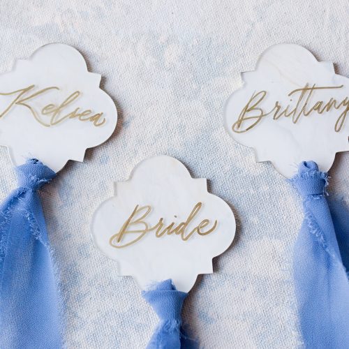Marbled Acrylic Place Cards with Ribbon, Gold Detail and Calligraphy by Callirosa Texas Calligrapher