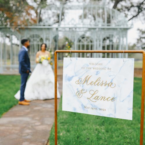Marbled Blue and White Welcome Sign with Gold Calligraphy on Copper Stand for Austin Wedding by CalliRosa Texas Calligrapher